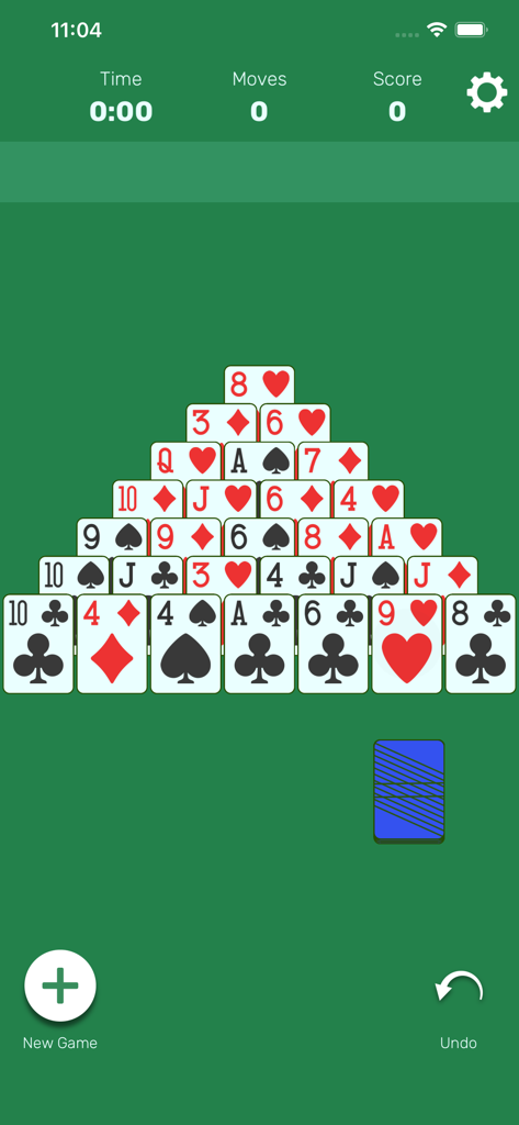 Pyramid by Staple Games - Minimalist Pyramid Solitaire card game interface with a clean green background and card pyramid arrangement.