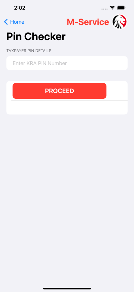 Interface de la fonctionnalité de vérification de numéro d'identification fiscale dans l'application mobile KRA M-Service