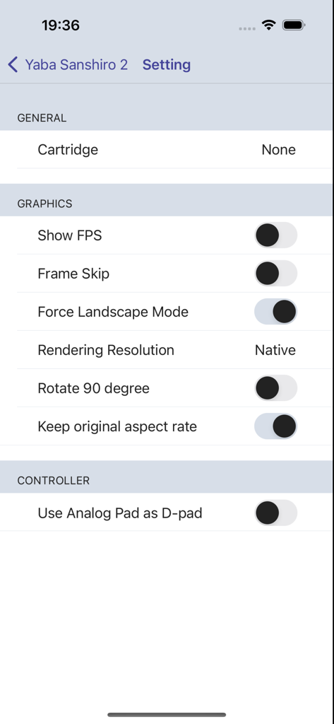 Settings menu of Yaba Sanshiro 2 showing graphics options like FPS and rendering resolution.