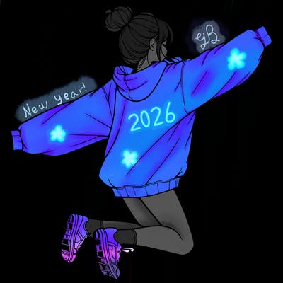 realistic girl jumping with a bun and oversized sweatshirt