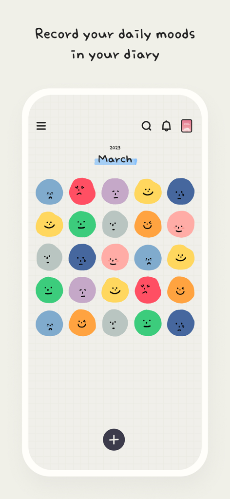 MOODA - A monthly grid view in the MOODA app showing colorful hand drawn mood balls representing daily emotional records