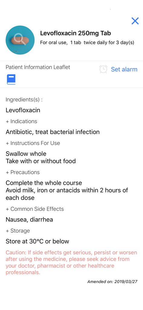 A screenshot of the Union Hospital mobile app displaying a patient information leaflet for Levofloxacin medication including dosage and side effects