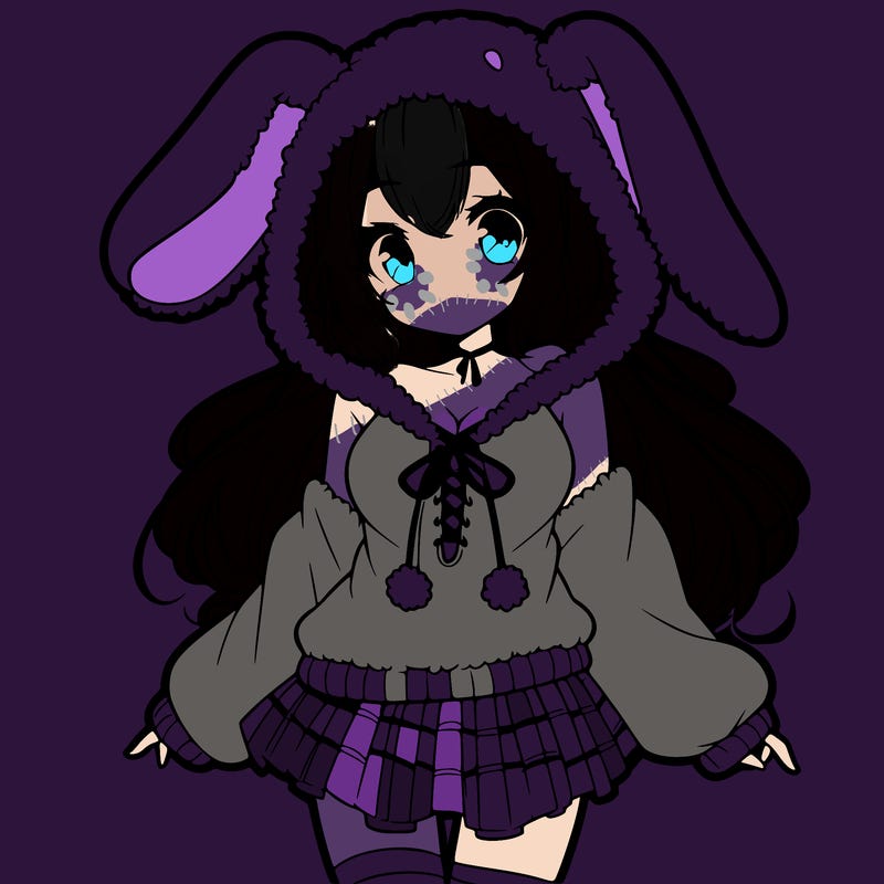 pretty anime girl wearing a fluffy hoodie with bunny ears on the hood and a skirt