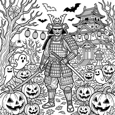 Step into a world where ancient Japan meets eerie Halloween fun with this captivating coloring page. A formidable Hatamoto samurai stands amidst grinning jack-o'-lanterns, playful ghosts, and a haunted Japanese castle, offering a unique canvas for your creative escape.