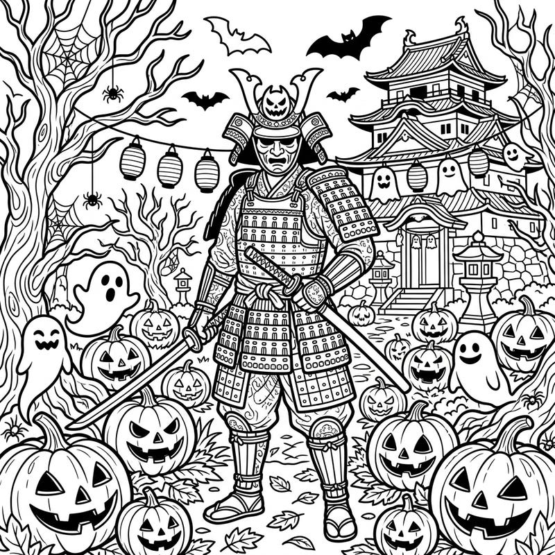 Step into a world where ancient Japan meets eerie Halloween fun with this captivating coloring page. A formidable Hatamoto samurai stands amidst grinning jack-o'-lanterns, playful ghosts, and a haunted Japanese castle, offering a unique canvas for your creative escape.