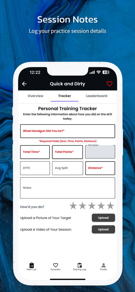 Range Buddy Pro - Range Buddy Pro training tracker screen for logging shooting drill performance and session notes