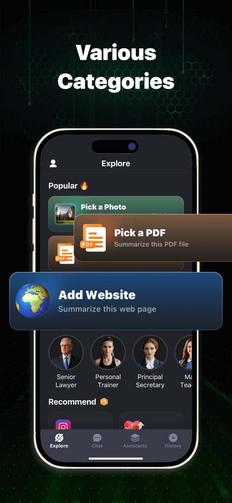 AI Chatbot - Chat Companion - Interface du Chatbot IA montrant la page d'exploration avec des outils de résumé de PDF et de sites Web, ainsi que des personnalités d'IA spécialisées