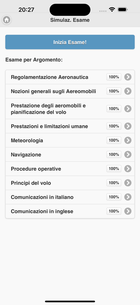 Exam simulation screen showing various aviation study subjects and progress tracking for helicopter pilot license preparation.