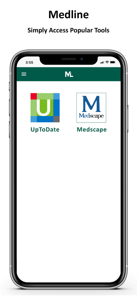 MedLine - Medicine Online - UpToDateやMedscapeなどの医療ツールへのアクセスを示すMedLineアプリのインターフェース