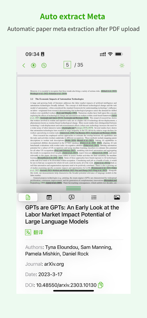 Screenshot of the ivySCI app interface showing automatic metadata extraction of an academic research paper including title authors journal date and DOI