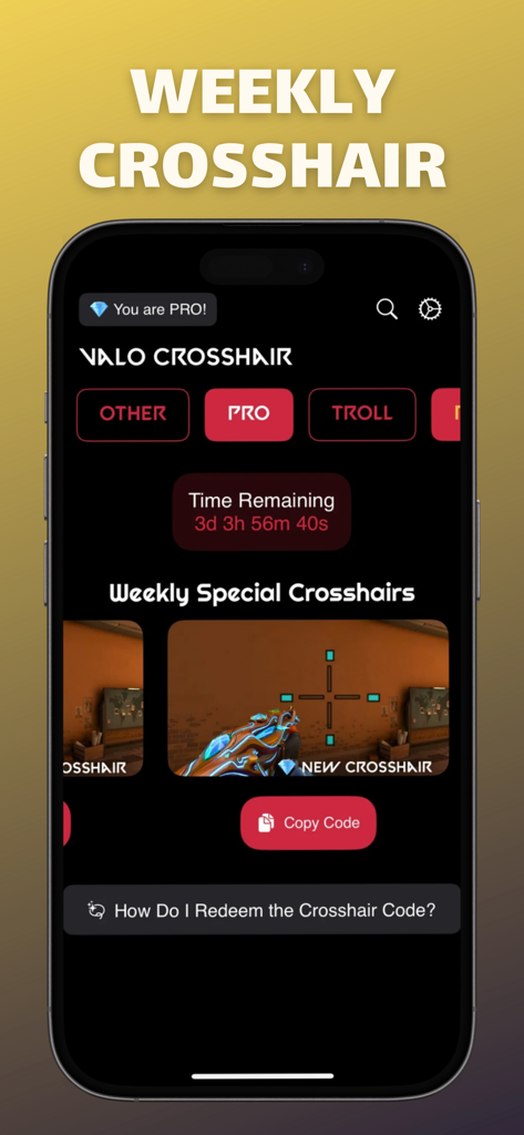 Valo Crosshair Pro - Pantalla de smartphone que muestra diseños semanales especiales de mira y un botón de copia de código en la aplicación Valo Crosshair Pro.