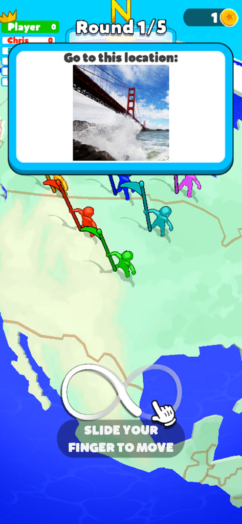 Trivia Planet! - Trivia Planet geography quiz gameplay showing players on a map locating the Golden Gate Bridge