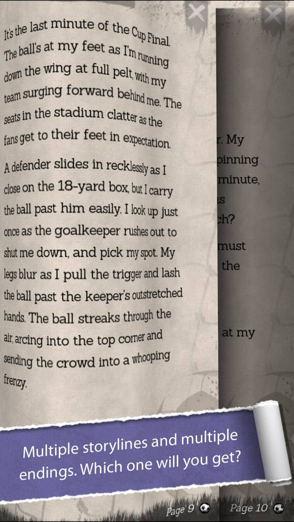 A page from the New Star Soccer G-Story interactive book showing a soccer narrative with a banner about multiple endings