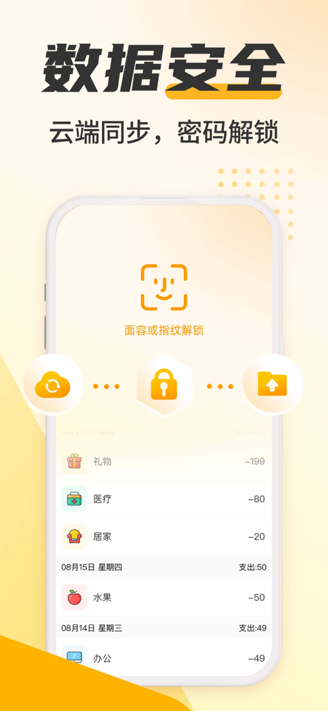 Interface do aplicativo Lazy Cat Bookkeeping destacando a segurança dos dados com sincronização em nuvem e recursos de desbloqueio do Face ID.