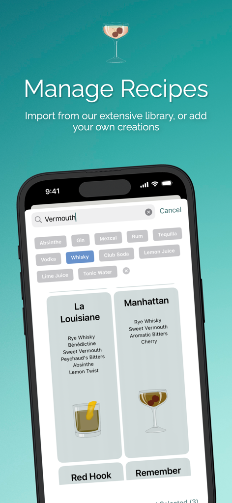 Mixology: The Last Word - 믹솔로지 앱의 칵테일 레시피 검색 화면에 맨해튼과 라 루이산 레시피가 표시됩니다.