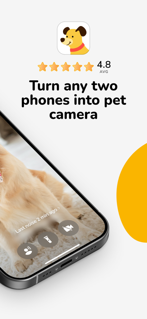 Barkio: Dog Monitor & Pet Cam - Barkio app interface showing a live pet camera feed on a smartphone with a 4.8 star rating