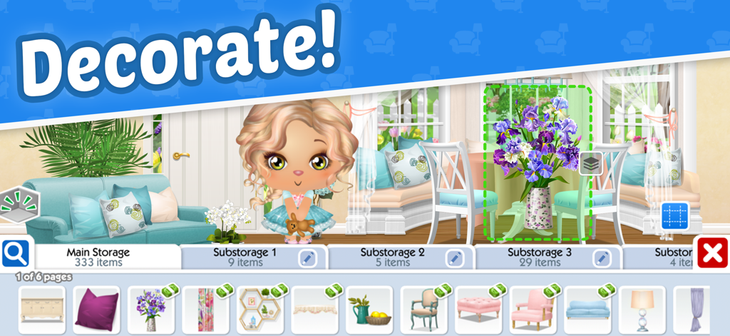 Pet Buddies - Cellphone - Home decorating interface in Pet Buddies app with furniture inventory and character avatar