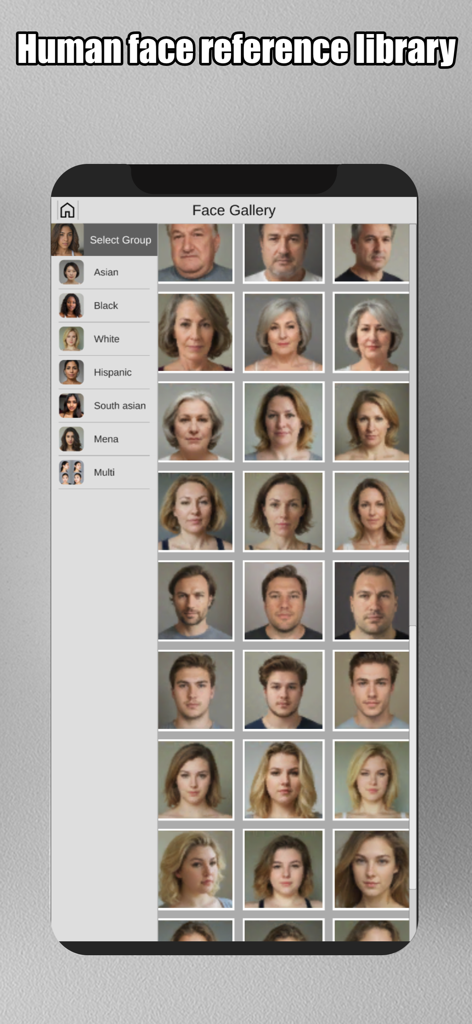 Face Model -posable human head - A grid of diverse human face photos in the Face Model app reference gallery