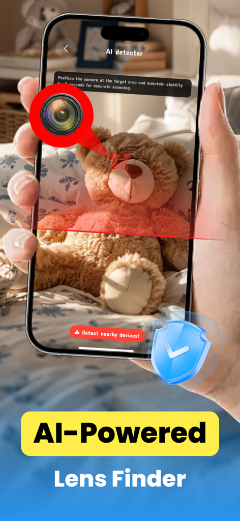Hidden Camera Detector Finder - Aplicación de smartphone utilizando IA para detectar una lente de cámara oculta dentro de un osito de peluche.