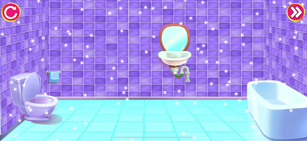 CleanUp City Clean House Game - A sparkling clean cartoon bathroom with purple tiles a toilet sink and bathtub