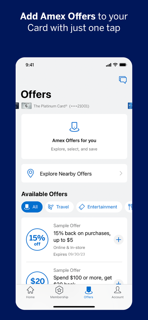 Tela do aplicativo American Express mostrando Ofertas Amex personalizadas e recompensas disponíveis.