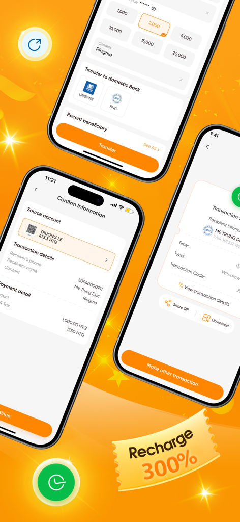 Three smartphone screens displaying Natcash app features like bank transfers, transaction confirmation, and payment summaries.