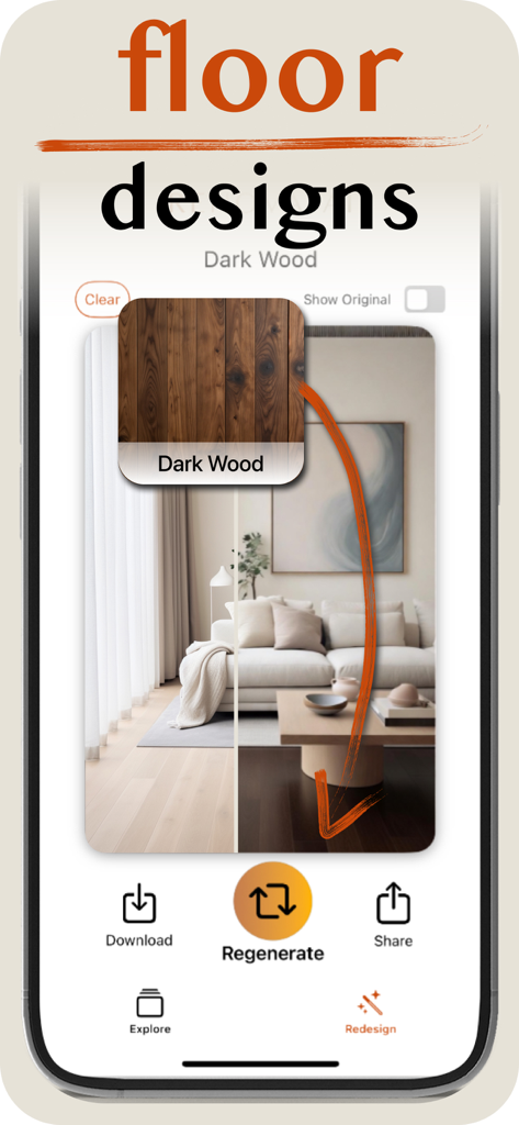 Home Design AI: Renova AI - AI floor design visualization tool showing a dark wood flooring transformation in a modern living room