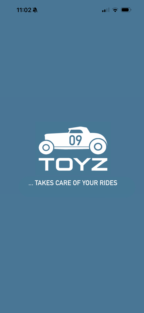 TOYZZ - Splash screen for TOYZZ vehicle management app showing a classic car logo and the slogan takes care of your rides