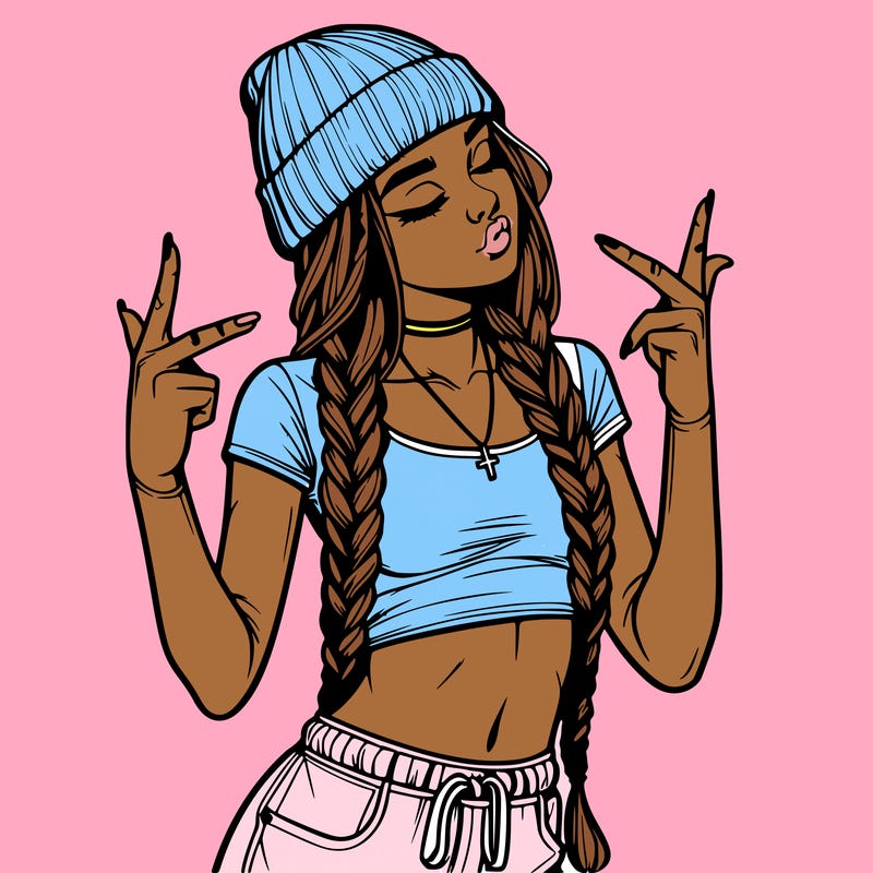 realistic teenage girl with braids and a beanie and crop top doing 🫶🏼
