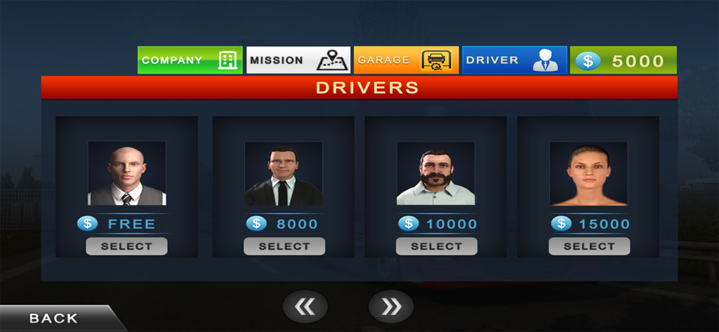 Driver selection screen showing four different driver avatars with their hiring prices in Cargo Delivery Company Truck game.