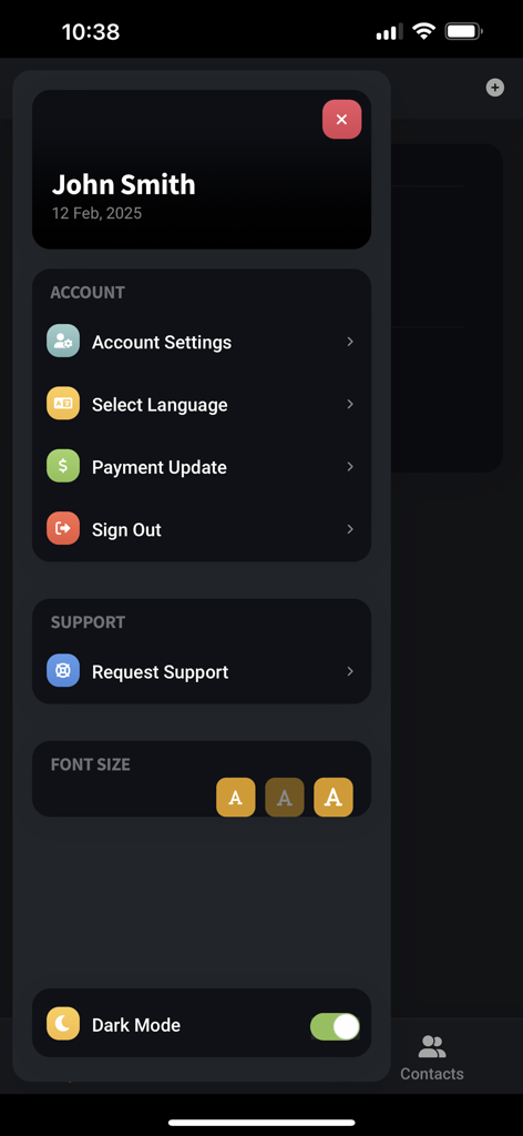 EyezOn Mobile - Settings menu of the EyezOn Mobile app showing account options font size selection and dark mode toggle