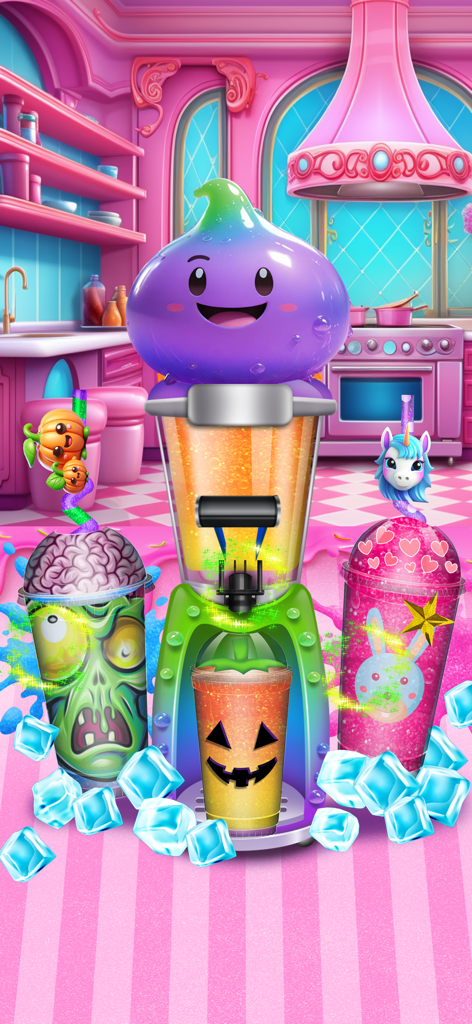 A vibrant ice slushy machine making an orange drink with zombie and pumpkin decorated cups