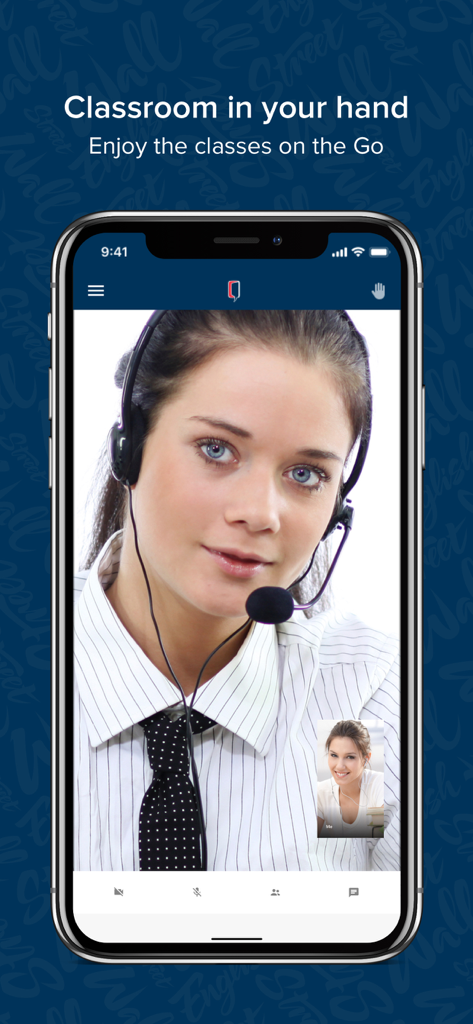 WSE 디지털 교실 앱에서 영어 선생님과 함께하는 실시간 영상 수업을 보여주는 스마트폰 화면
