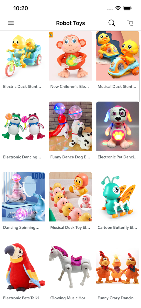 Cheap Toys Store Online - Página de la categoría de juguetes de robot en la aplicación Cheap Toys Store Online.