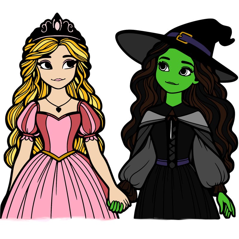a princess and a witch holding hands realistic