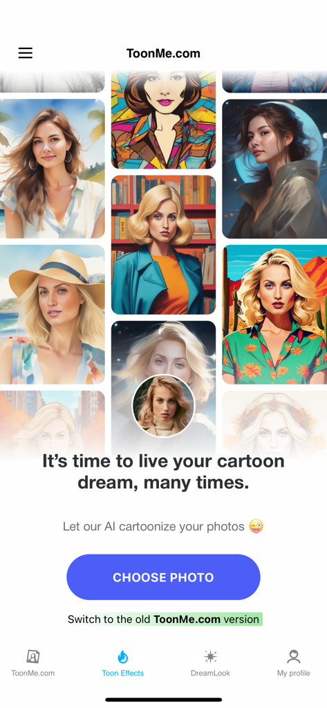 Interfaz de la aplicación ToonMe que muestra múltiples estilos de caras de dibujos animados con IA y un botón para elegir foto