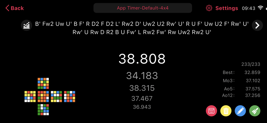 Smart Player Pro - Interface do cronômetro e análise de desempenho do cubo mágico 4x4 do Smart Player Pro