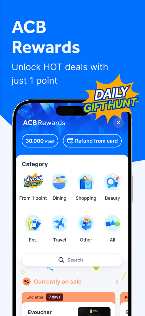 ACB ONE - Interface de recompensas do aplicativo de banco digital ACB ONE mostrando caça a presentes diários e várias categorias de ofertas