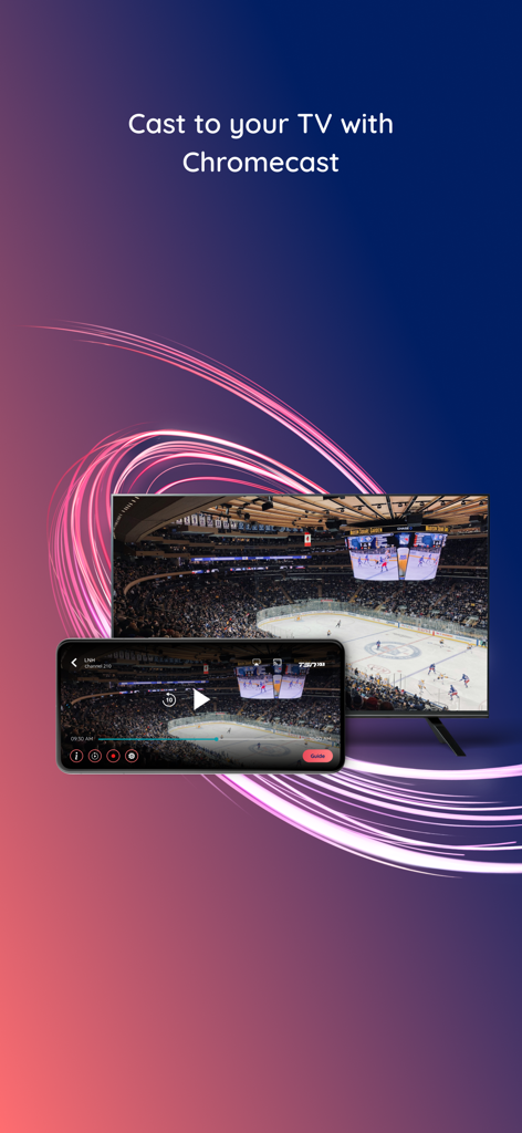 Cogeco EPICO - A smartphone and TV screen displaying a live hockey game using the Cogeco EPICO Chromecast casting feature.