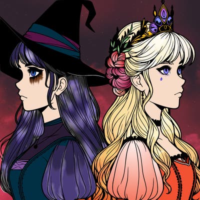 a witch and a princess back to back realistic