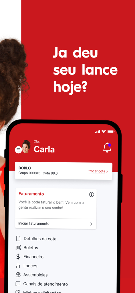 Home screen of the Consorcio Embracon app showing user quota and financial management options