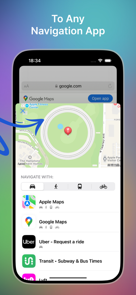 Navify-Oberfläche mit einer Liste unterstützter Navigations-Apps wie Apple Maps, Google Maps, Waze und Uber für einen ausgewählten Standort