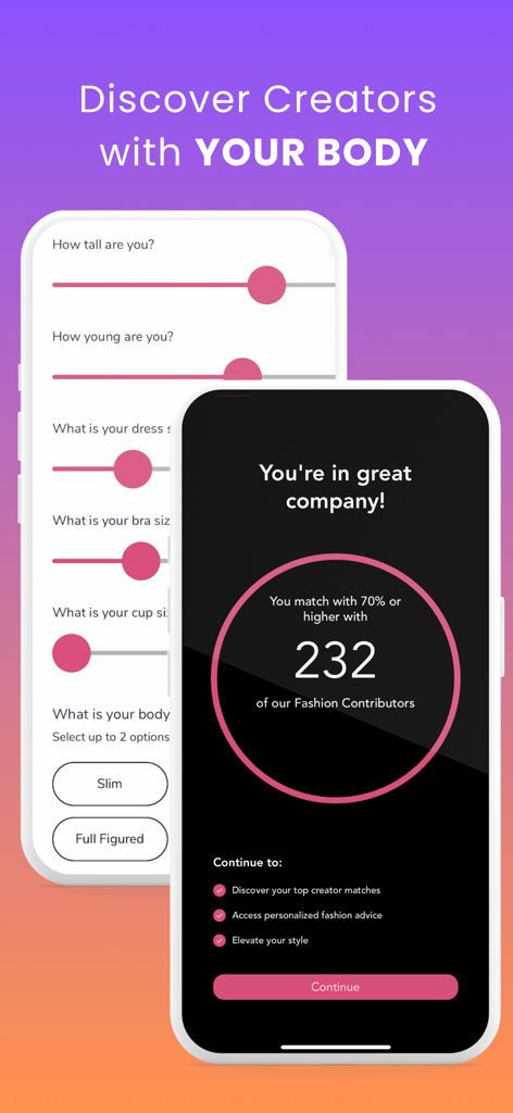 Mys Tyler: Fashion that fits - Schermate di onboarding dell'app Mys Tyler che mostrano un quiz sulle misure del corpo e i risultati dell'abbinamento con i contributor di moda.