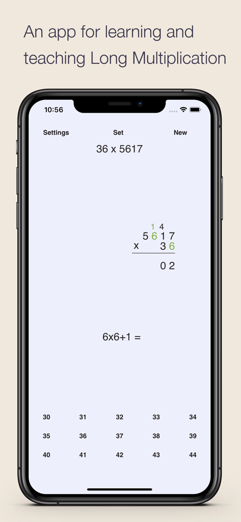Educational interface of the Long Multiplication app showing a step by step multiplication problem with carry digits and immediate feedback.