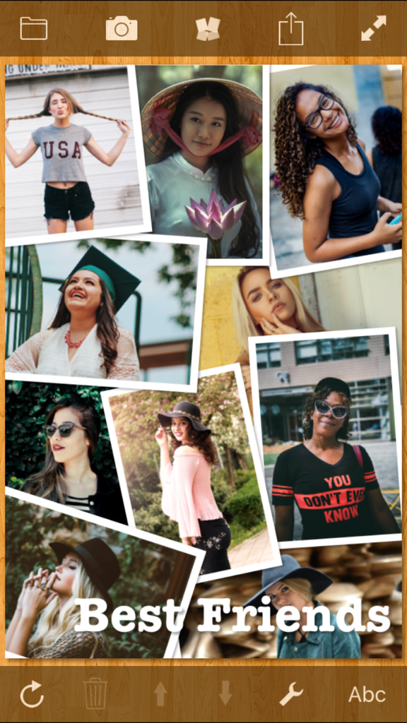 TurboCollage - Collage Creator - A picture pile photo collage of several women with the text Best Friends on a wooden background