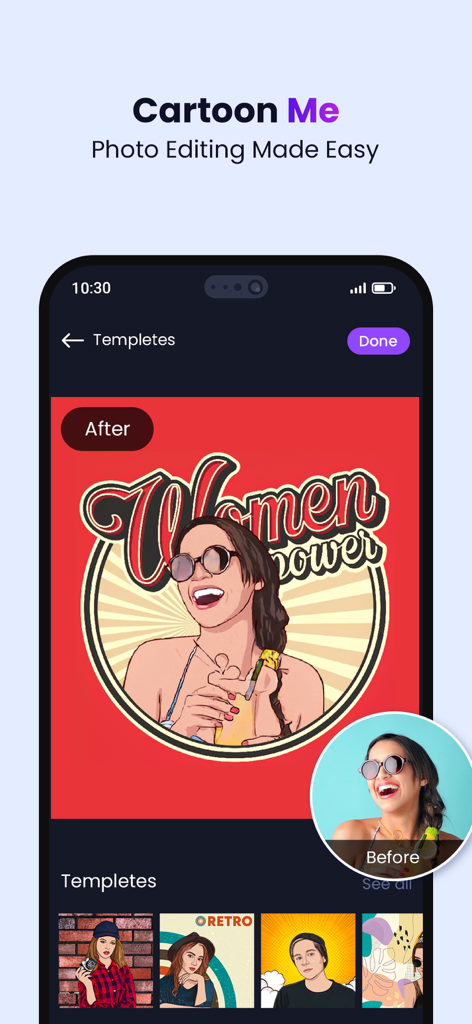 Une comparaison avant/après d'un selfie transformé en portrait vectoriel cartoon avec un design d'arrière-plan 'Women Power'