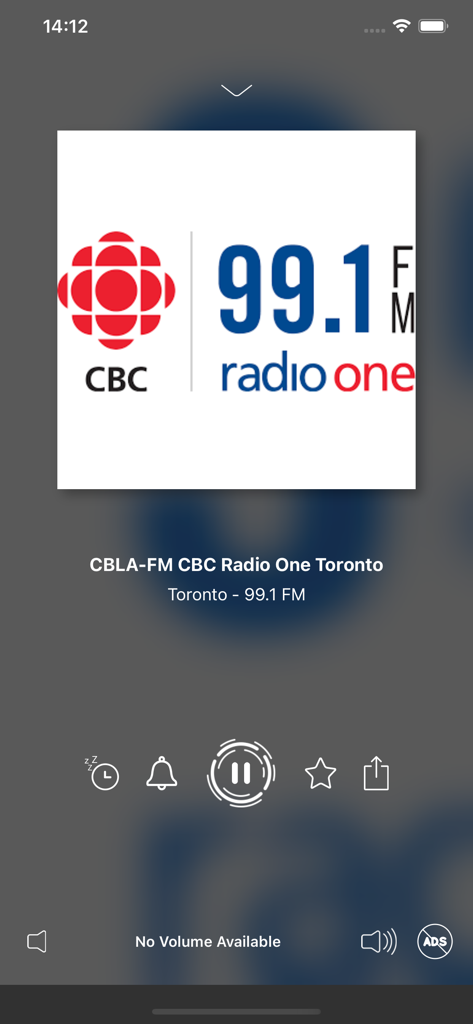 The player interface of the Radio Canada app playing CBC Radio One Toronto 99.1 FM.
