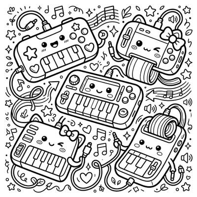 Unleash your creativity with this super cute Kawaii coloring page featuring adorable ribbon controllers and mini keyboards. Perfect for music lovers and Kawaii fans of all ages looking for a fun and engaging art activity.