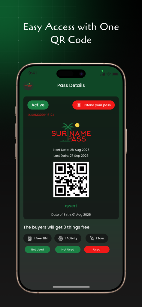 Suriname Pass - 無料SIMやツアーなどの旅行特典とQRコードが表示されたアクティブなデジタルパスを表示するスリナムパスアプリ画面