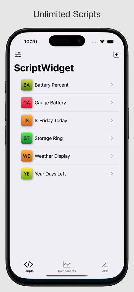Interfaz de la aplicación ScriptWidget mostrando una lista de scripts JavaScript personalizados como porcentaje de batería y visualización del clima